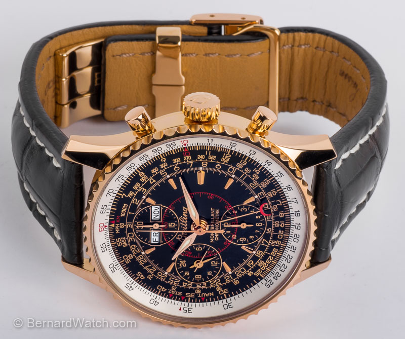 Front view of Navitimer Montbrillant Datora showing black dial