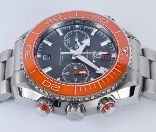 Crown Side Shot of Planet Ocean 600M Co-Axial Master Chronometer Chronograph