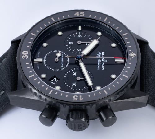 Crown Side Shot of Fifty Fathoms Bathyscaphe Chronograph Flyback