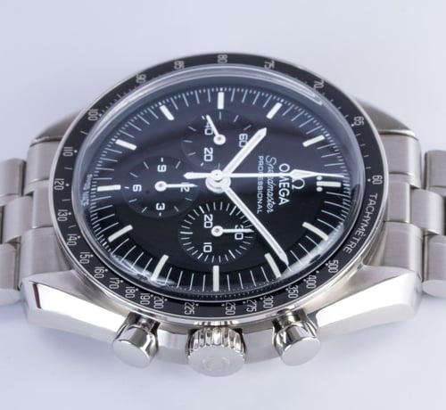 Crown Side Shot of Speedmaster Moonwatch Professional Co-Axial Master Chronometer