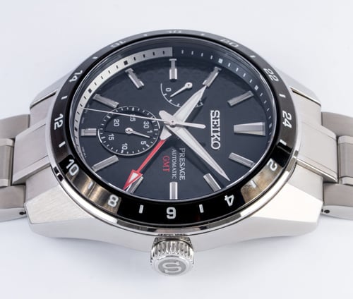 Crown Side Shot of Presage GMT Sharp Edged SPB221