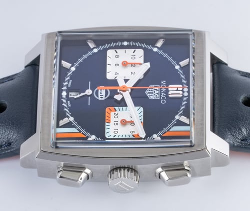 Crown Side Shot of Monaco 'Gulf' Chronograph