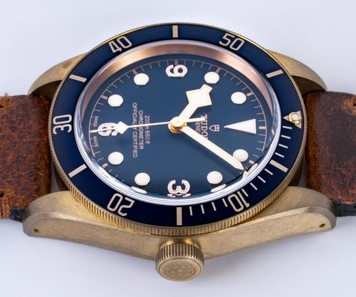 Crown Side Shot of Black Bay Bronze Bucherer