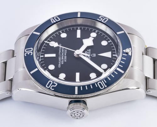 Crown Side Shot of Heritage Black Bay Blue