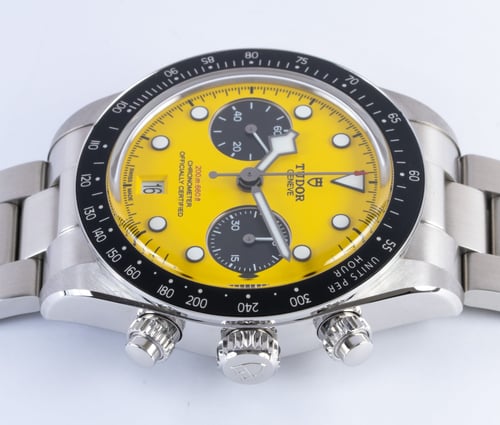 Crown Side Shot of Black Bay Chronograph 'Bumblebee'