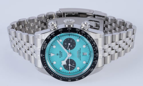 Front View of Black Bay Chronograph 'Flamingo Blue'