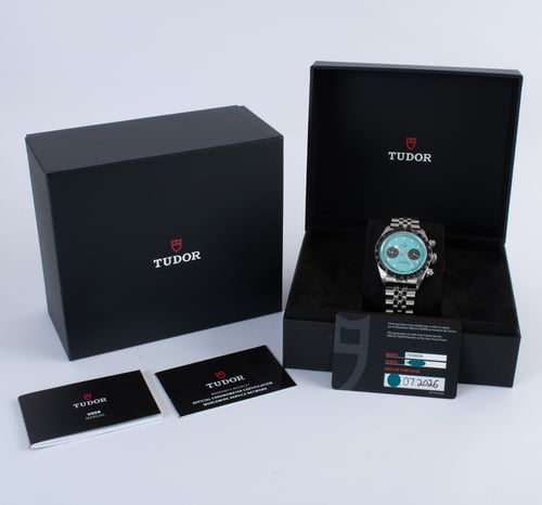Box / Paper shot of Black Bay Chronograph 'Flamingo Blue'