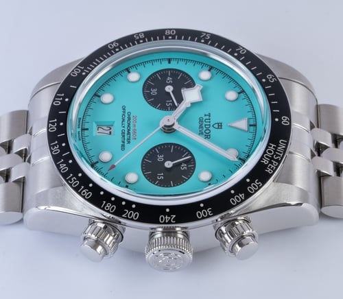 Crown Side Shot of Black Bay Chronograph 'Flamingo Blue'