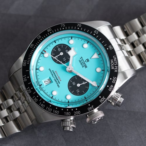 Stylied photo of  of Black Bay Chronograph 'Flamingo Blue'