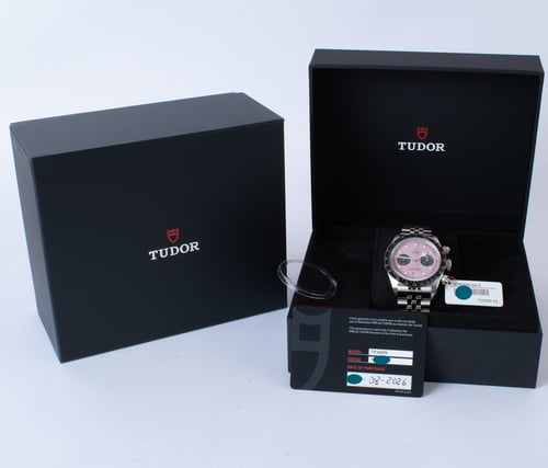 Box / Paper shot of Black Bay Chronograph 'Miami Pink'