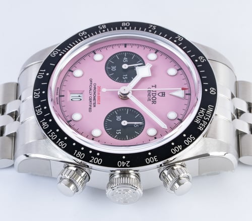 Crown Side Shot of Black Bay Chronograph 'Miami Pink'