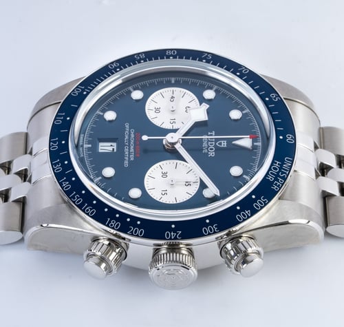 Crown Side Shot of Black Bay Blue Chronograph