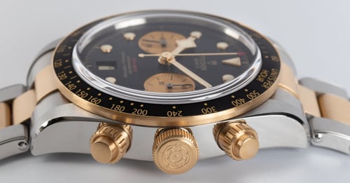 Crown Side Shot of Heritage Black Bay Chronograph S&G