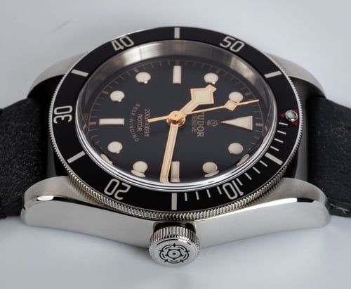Crown Side Shot of Heritage Black Bay Black 'Smiley'