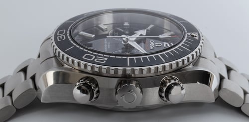 Crown Side Shot of Seamaster Planet Ocean Master Chronometer Chronograph