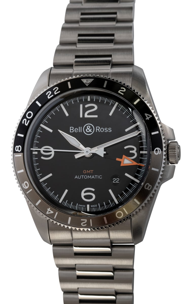 Bell Ross BR V2 93 GMT BRV293 BL ST SST SOLD OUT black dial on Stainless Steel Bracelet