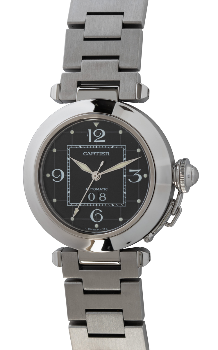 Cartier - Pasha C Big Date : W31053M7 : SOLD OUT : black dial on Stainless Steel Bracelet