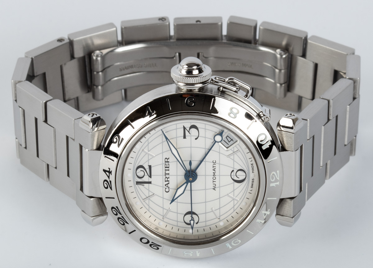 Cartier - Pasha C GMT : W31078M7 : SOLD OUT : silver globe dial on