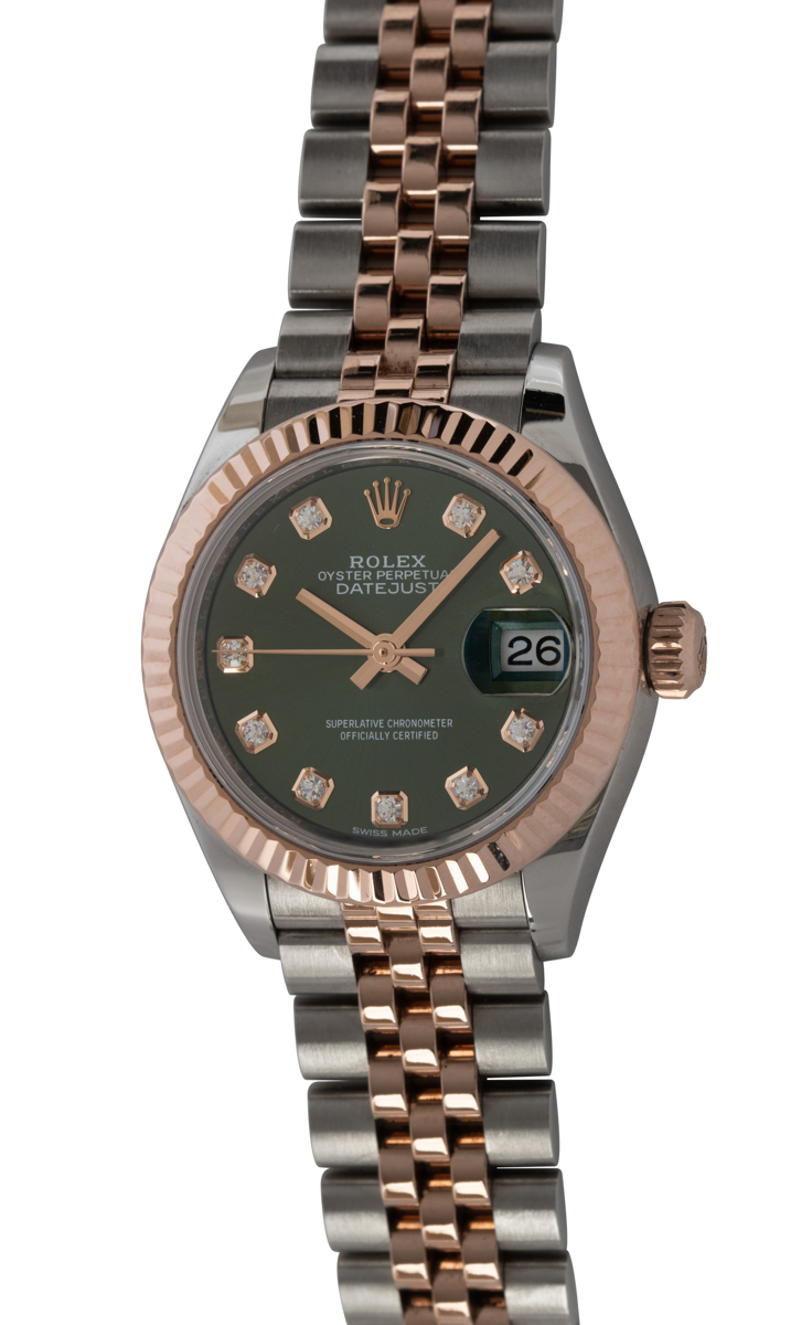 Rolex Everose Gold Lady-Datejust 28 Watch - Fluted Bezel - Olive